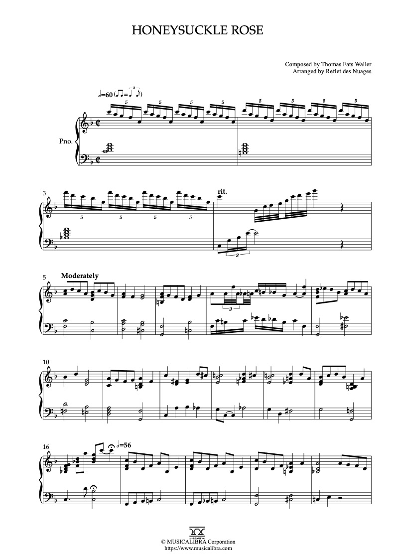 Sheet music of Fats Waller Honeysuckle Rose arranged for piano solo preview page 1