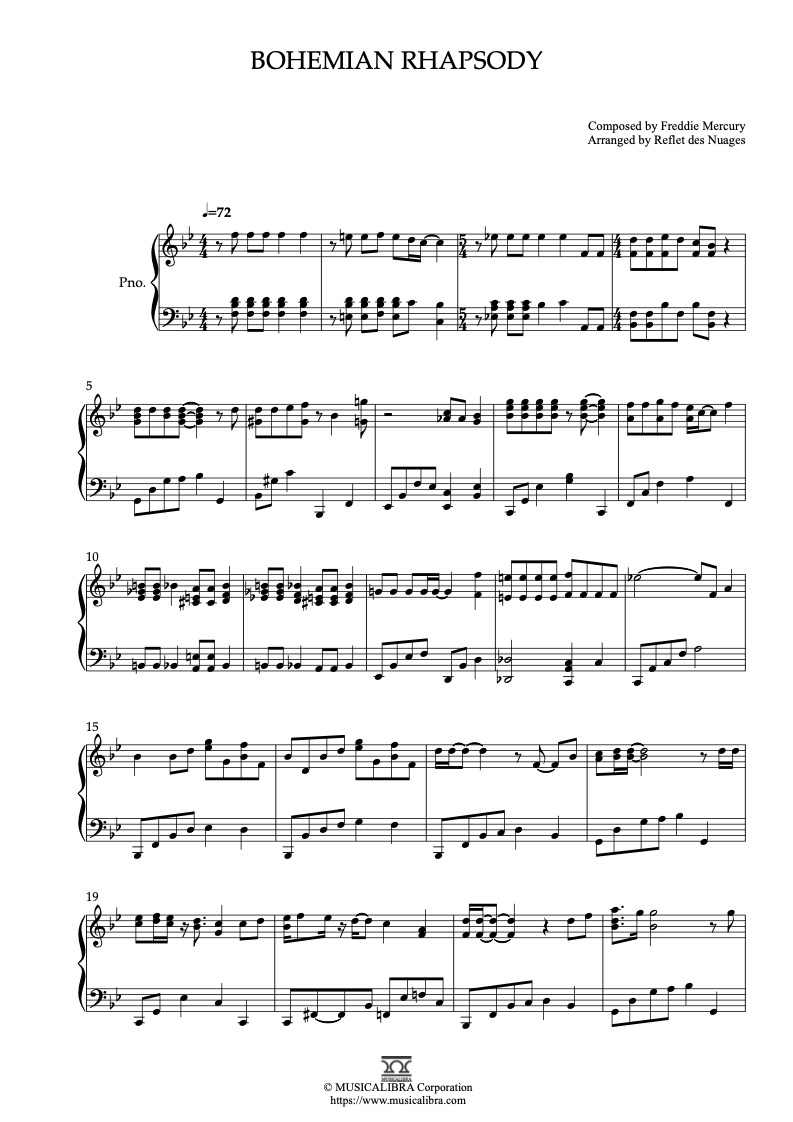 Piano Solo 악보] 보헤미안 랩소디(Bohemian Rhapsody) 피아노 악보 : Musicalibra