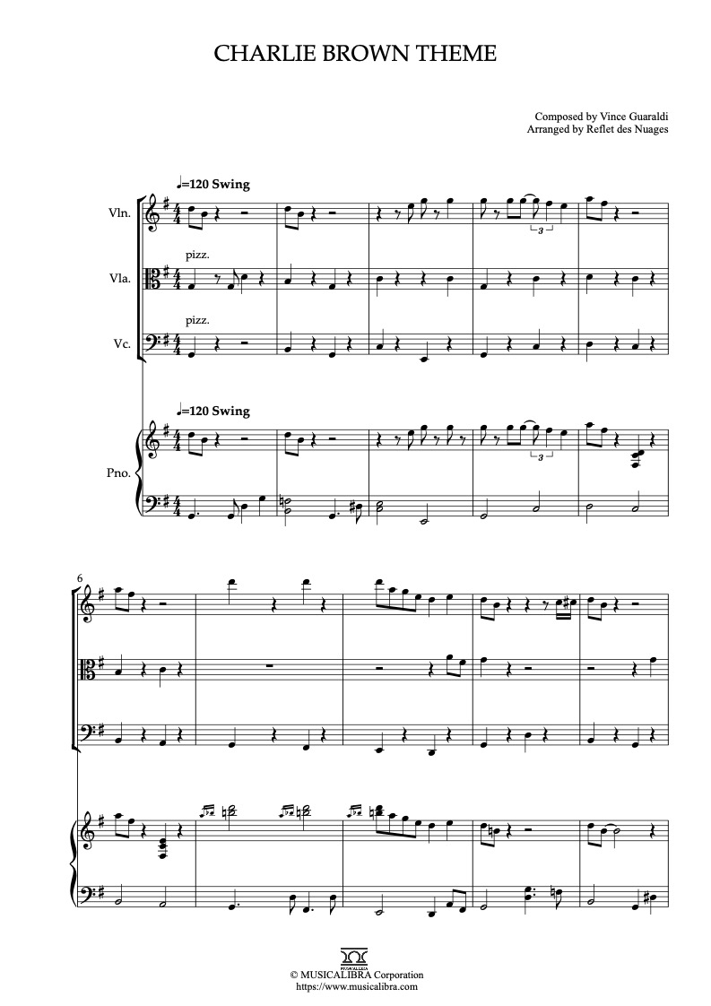 Partitura de It's the Great Pumpkin, Charlie Brown Charlie Brown Theme arreglada para cuarteto de violín, viola, violonchelo y piano
