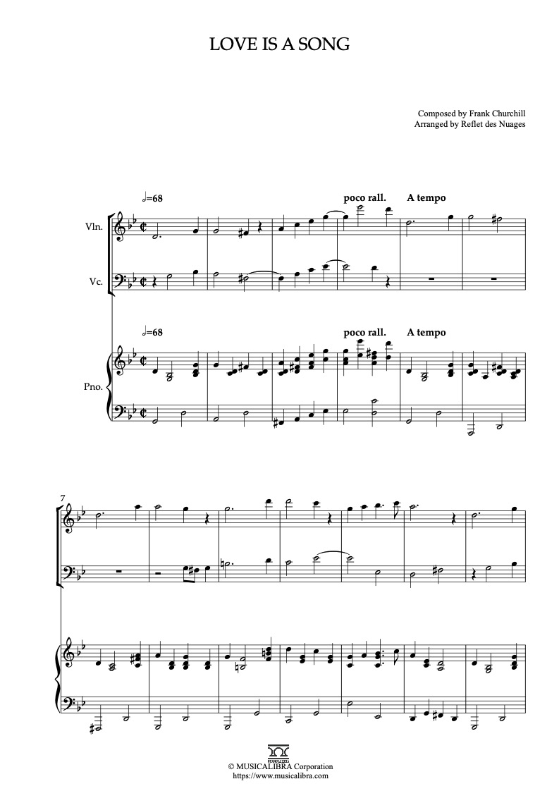 Sheet music of Bambi Love Is a Song arranged for violin, cello and piano trio chamber ensemble preview page 1