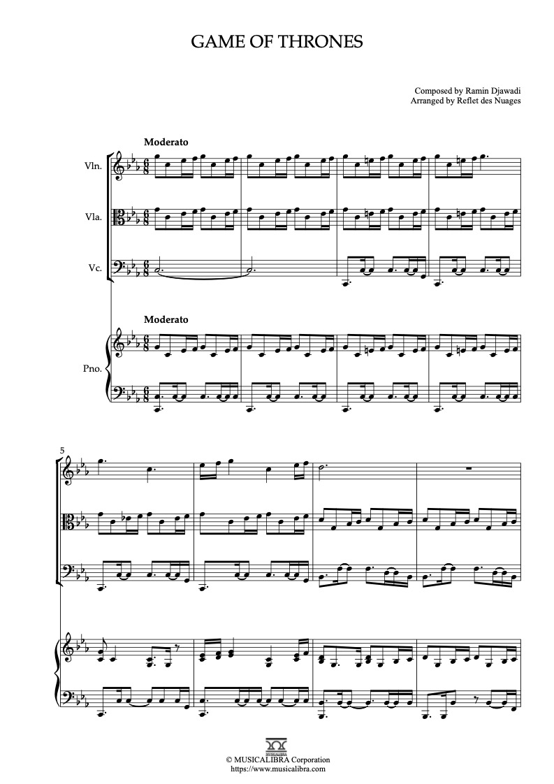 Partitura de Game of Thrones arreglada para cuarteto de violín, viola, violonchelo y piano