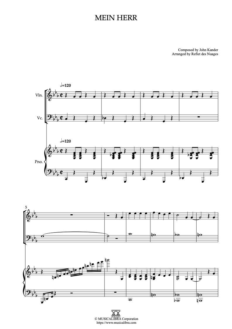 Sheet music of Cabaret Mein Herr arranged for violin, cello and piano trio chamber ensemble preview page 1