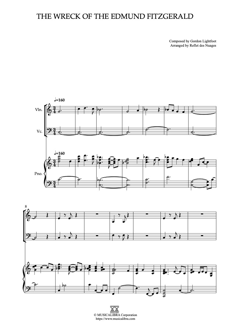 Sheet music of The Wreck of the Edmund Fitzgerald arranged for violin, cello and piano trio chamber ensemble preview page 1