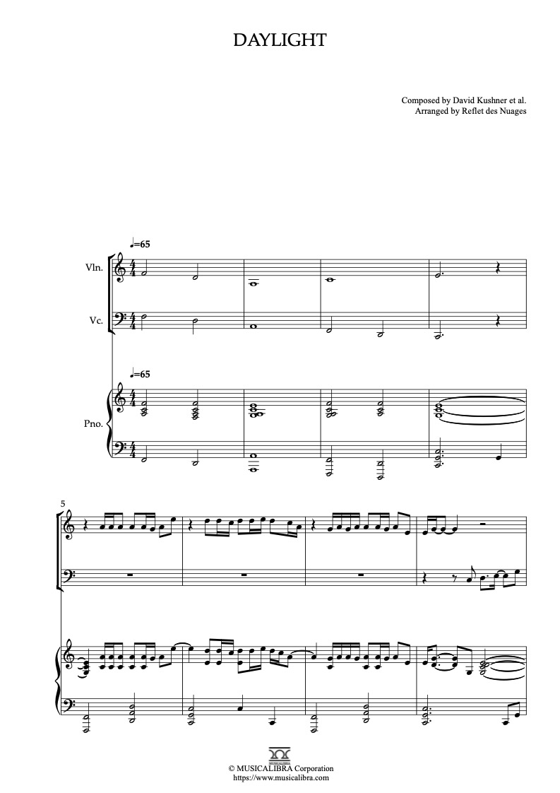 Partitura de David Kushner Daylight arreglada para trío de violín, violonchelo y piano