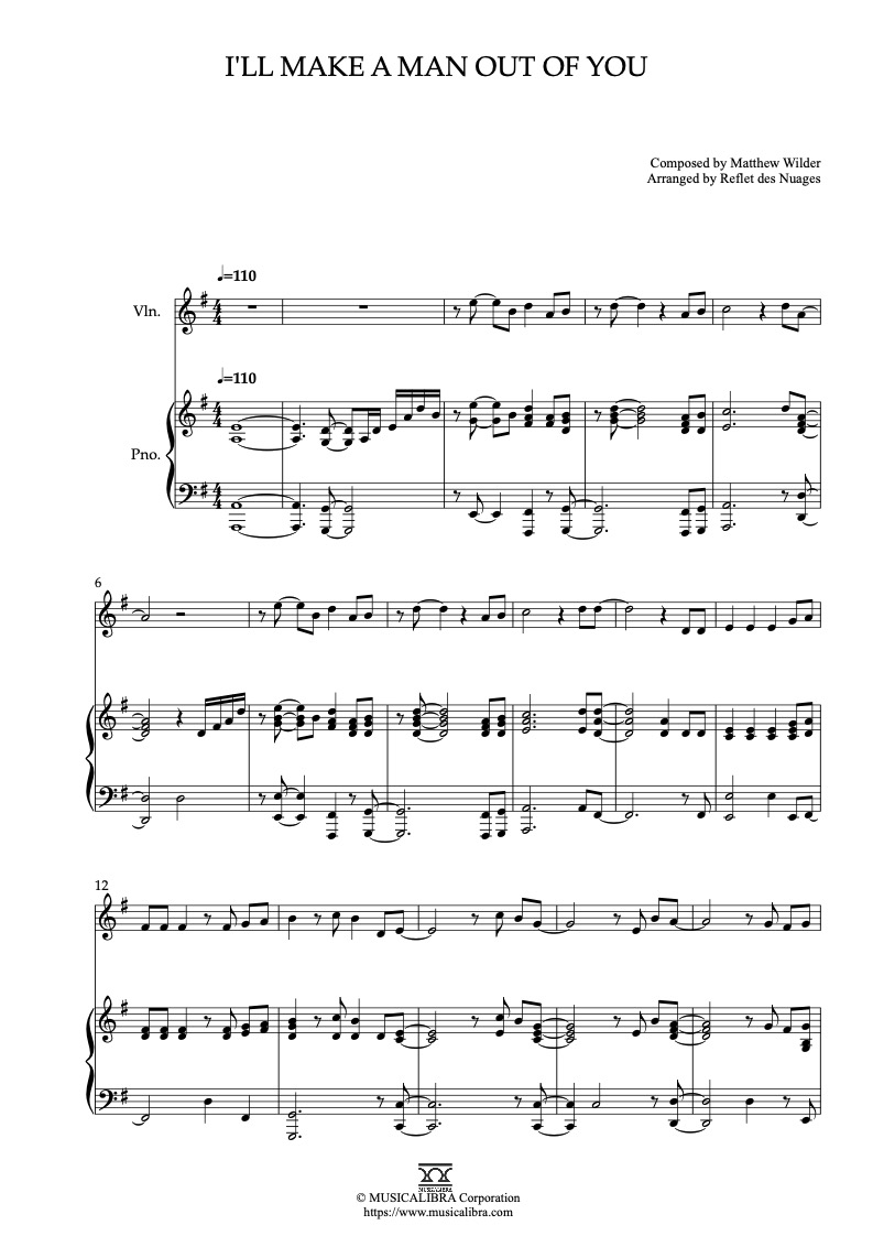 Sheet music of Mulan I’ll Make a Man Out of You arranged for violin and piano duet preview page 1