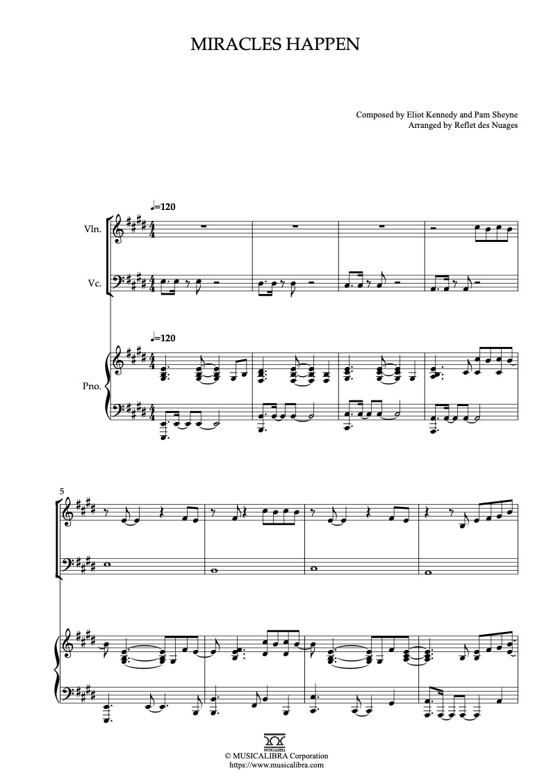 Sheet music of Miracles Happen arranged for violin, cello and piano trio chamber ensemble preview page 1