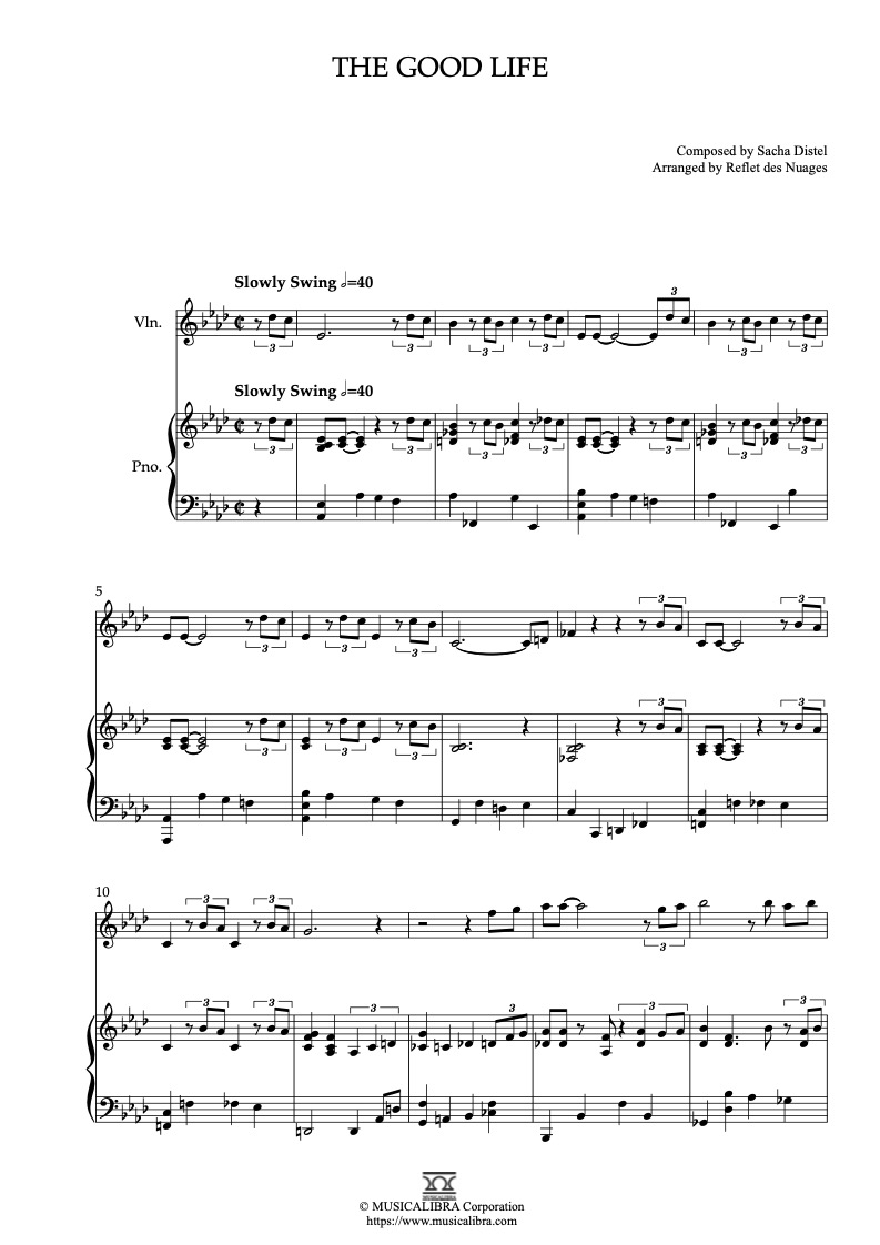 Partitura de Tony Bennett The Good Life arreglada para dueto de violín y piano