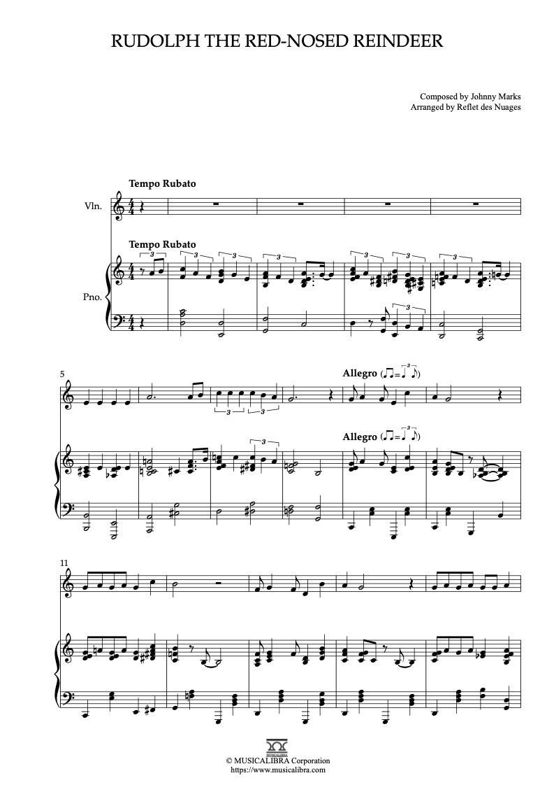Partitura de Rudolph the Red-Nosed Reindeer arreglada para dueto de violín y piano