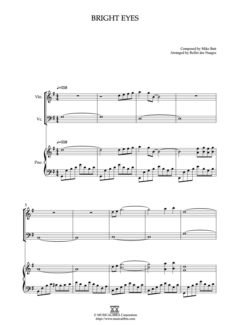 Partitura de Bright Eyes arreglada para dueto de violín y piano