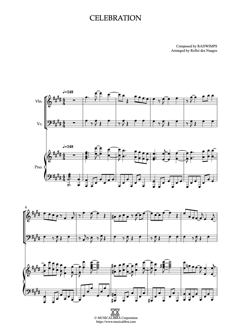 Partitura de Weathering With You Celebration arreglada para trío de violín, violonchelo y piano