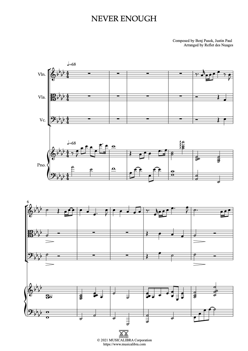 グレイテスト・ショーマン Never Enough From The Greatest Showman 編曲楽譜 - ヴァイオリン、ビオラ、チェロ、ピアノ 室内楽 カルテット アンサンブル
