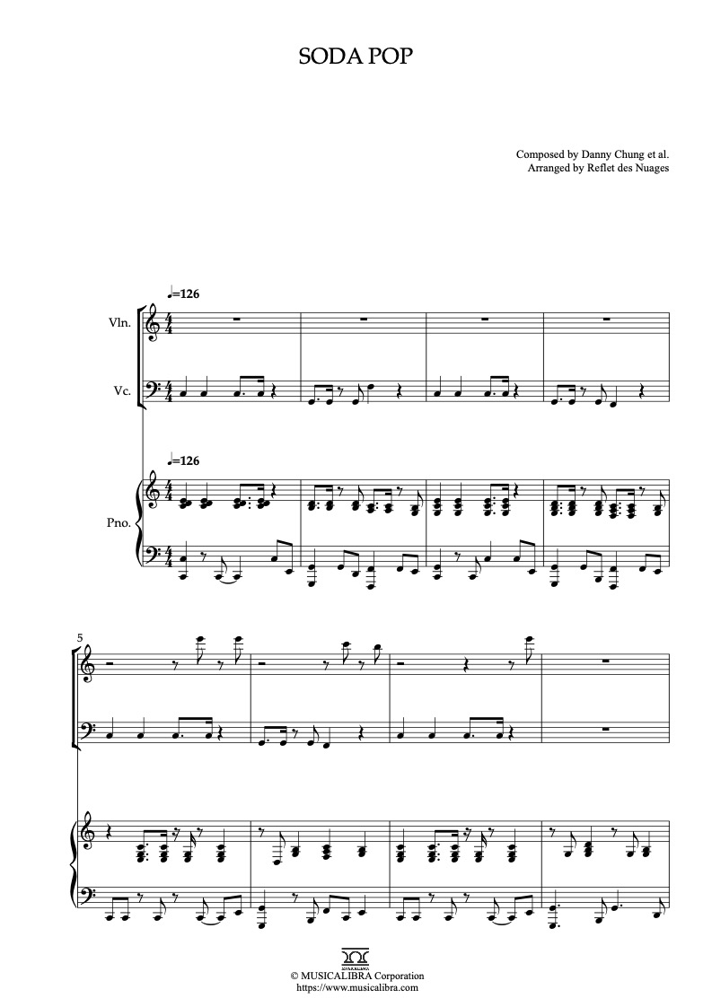 Sheet music of KPop Demon Hunters Soda Pop arranged for violin, cello and piano trio chamber ensemble preview page 1