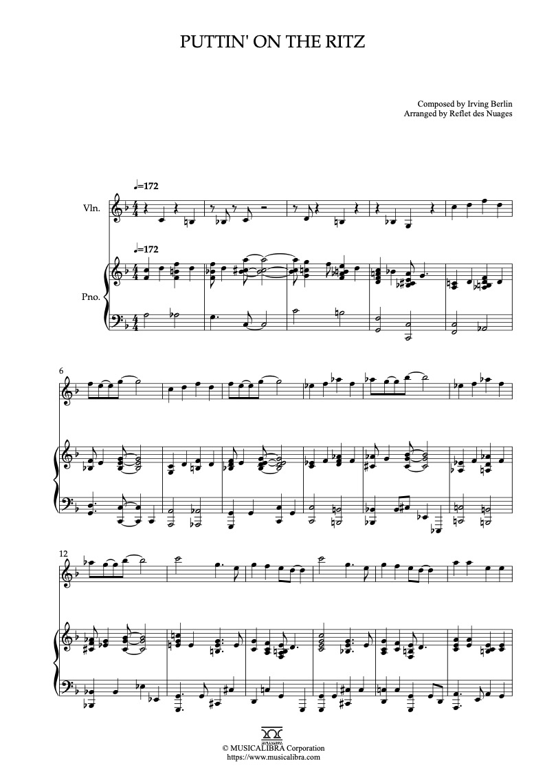 Sheet music of Puttin' on the Ritz arranged for violin and piano duet chamber ensemble preview page 1