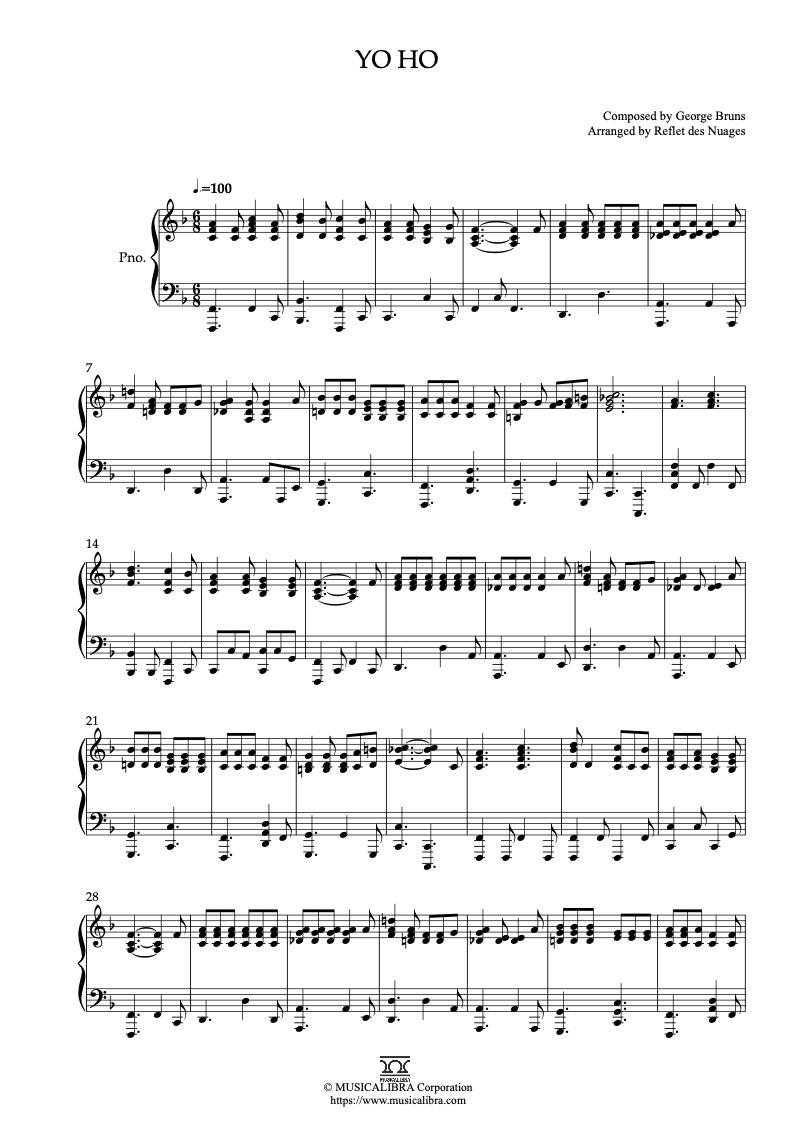 Partitura de A Pirates Life for Me Yo Ho arreglada para piano solo