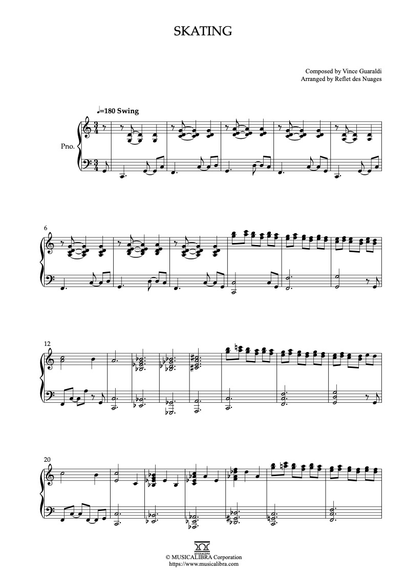 Sheet music of Vince Guaraldi Skating arranged for piano solo preview page 1