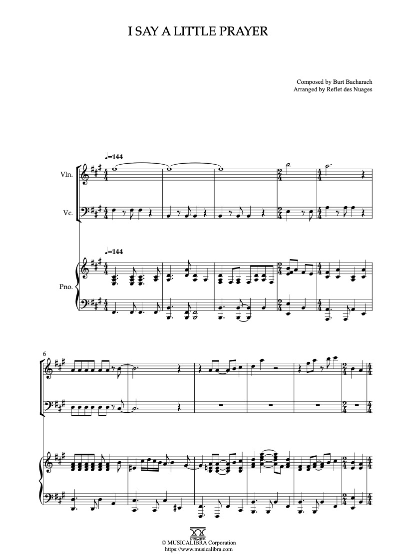 I Say a Little Prayer 編曲楽譜 - ヴァイオリン、チェロ、ピアノトリオ
