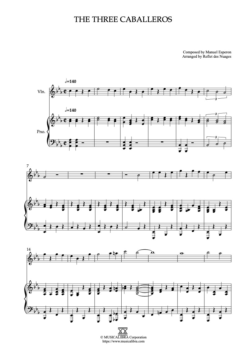 The Three Caballeros 二重奏 乐谱 - 小提琴, 钢琴