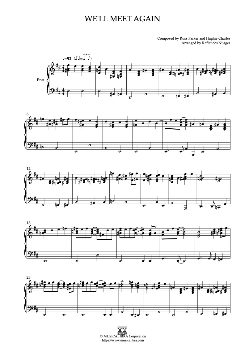 Partitura de We'll Meet Again arreglada para piano solo