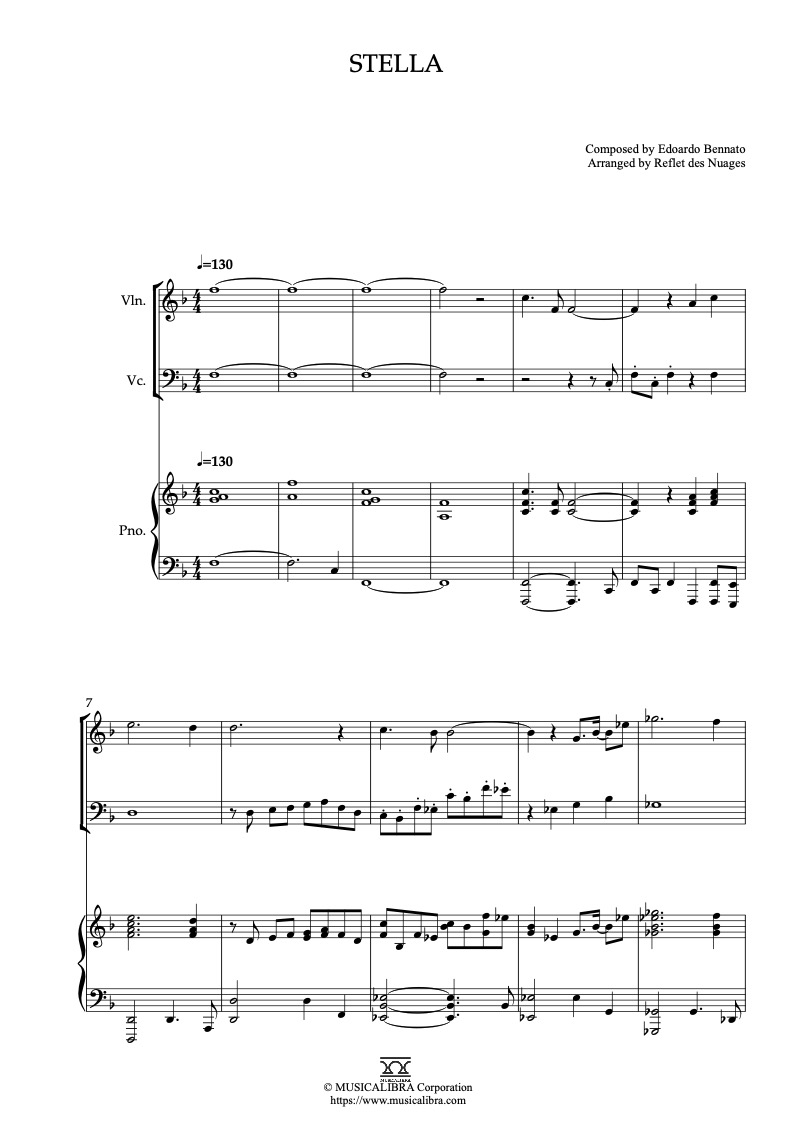 Partitura de Luciano Pavarotti Stella arreglada para trío de violín, violonchelo y piano