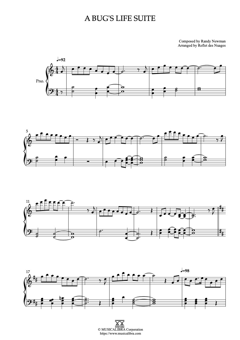 Partitura de A Bug's Life Suite arreglada para piano solo