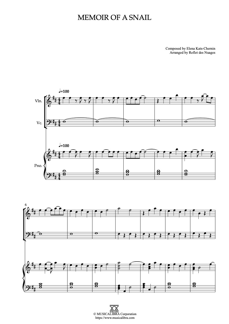 Sheet music of Memoir of a Snail arranged for violin, cello and piano trio chamber ensemble preview page 1