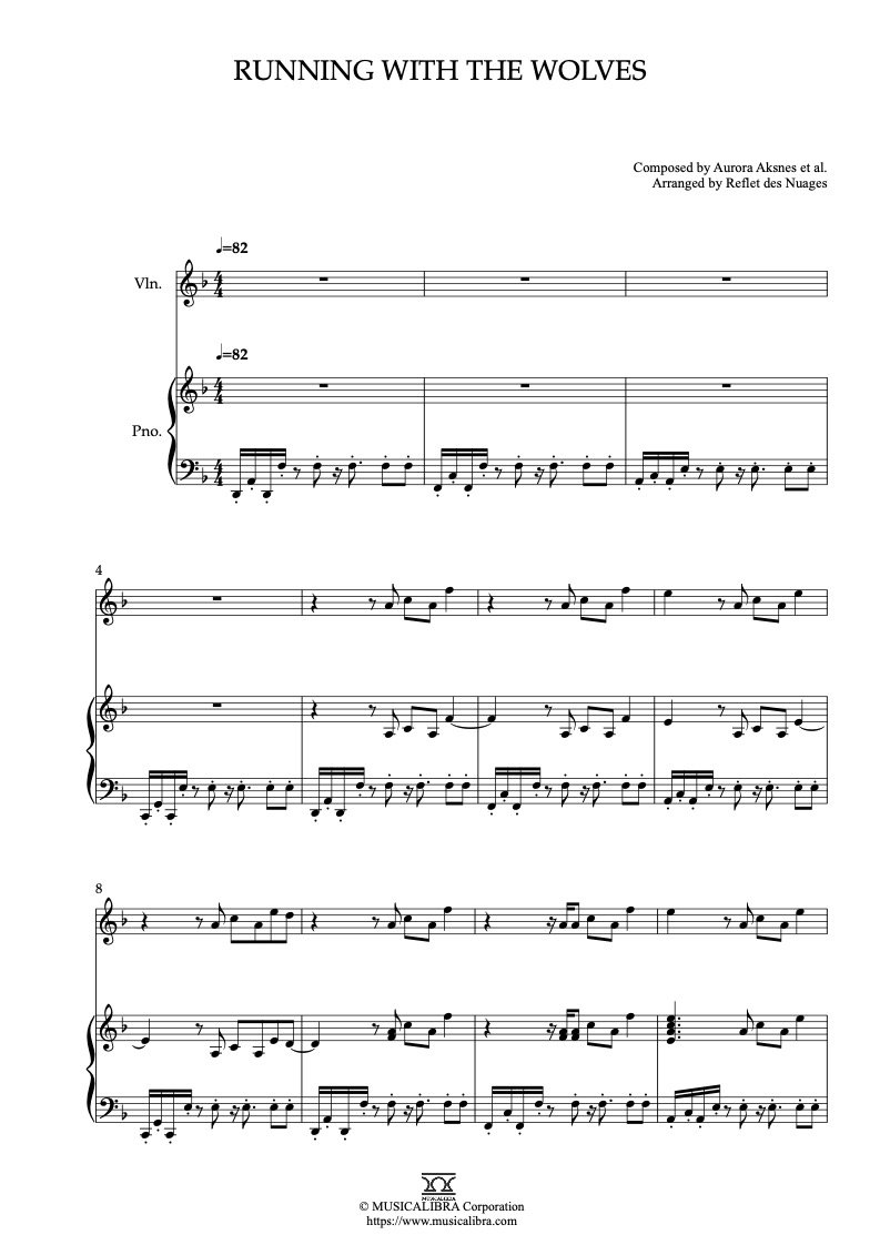 Partitura de WolkWalkers Running With the Wolves arreglada para dueto de violín y piano