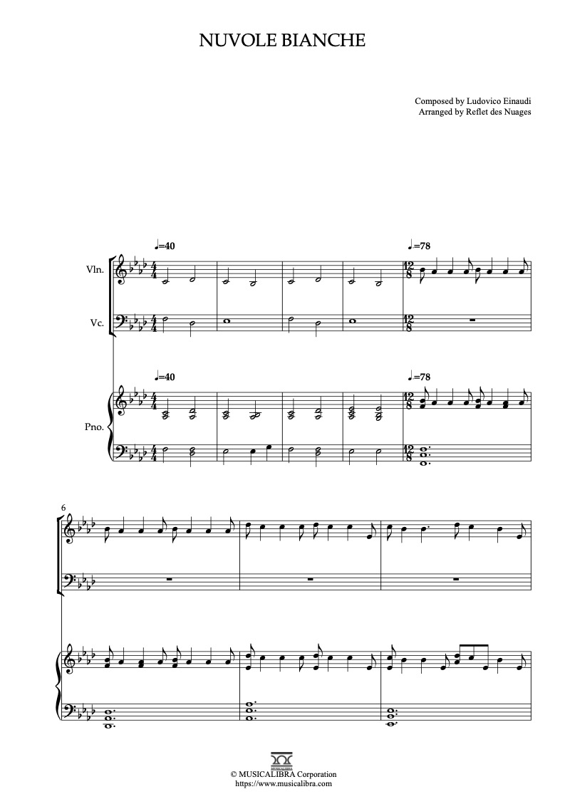 Nuvole Bianche 三重奏 樂譜 - 小提琴, 大提琴, 鋼琴