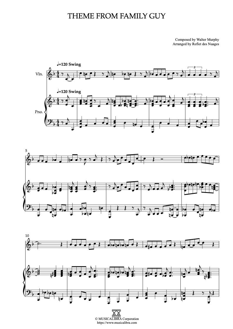 Partitura de Theme from Family Guy arreglada para dueto de violín y piano
