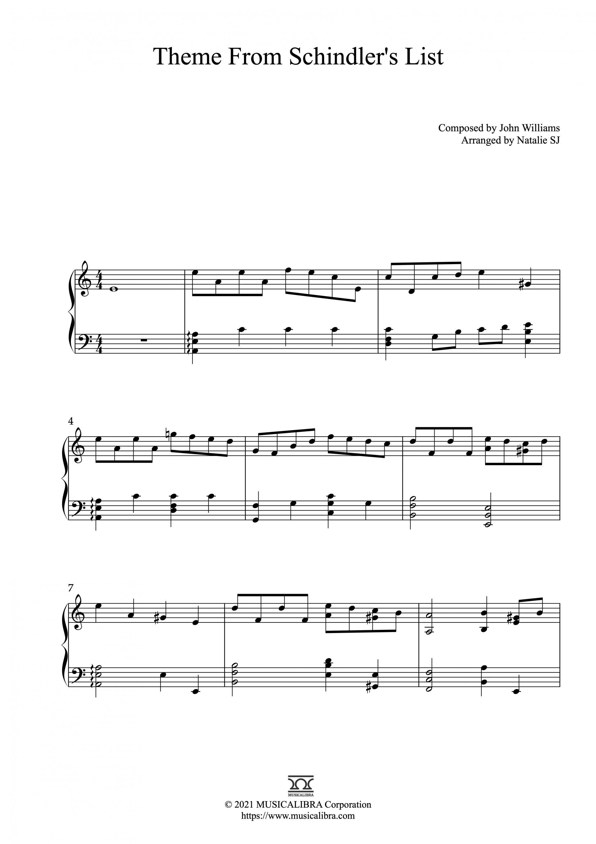 Partitura de Theme From Schindler's List arreglada para piano solo
