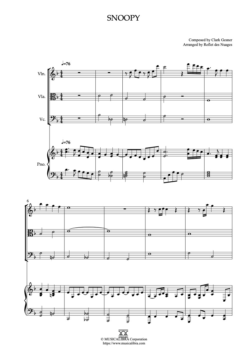 Partitura de Snoopy arreglada para cuarteto de violín, viola, violonchelo y piano