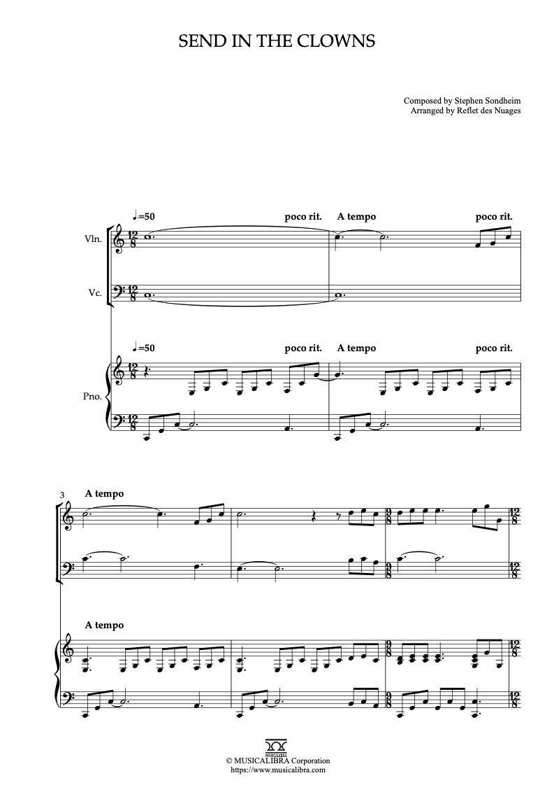 Sheet music of Send in the Clowns arranged for violin, cello and piano trio chamber ensemble preview page 1