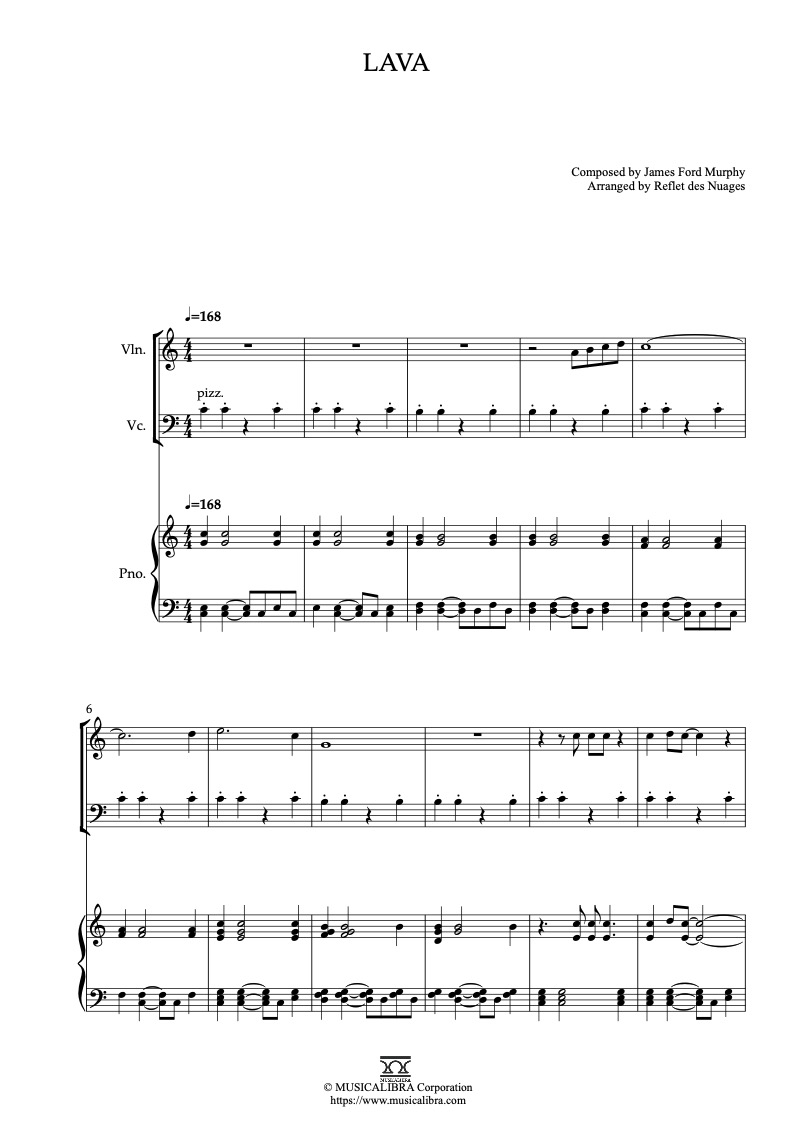 Partitura de Lava arreglada para trío de violín, violonchelo y piano