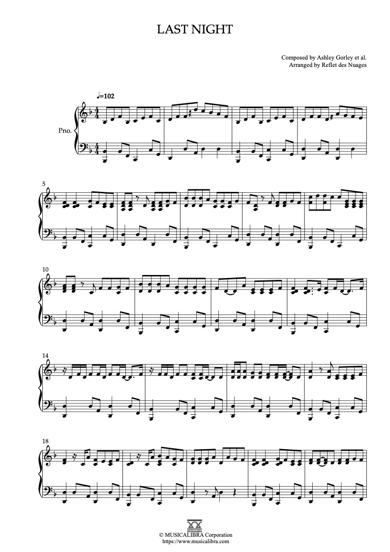 PIANO SOLO 楽譜] Last Night ピアノ 編曲 楽譜 : Musicalibra Japan