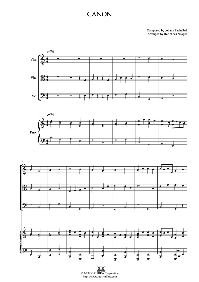 Partitura de Canon arreglada para cuarteto de violín, viola, violonchelo y piano