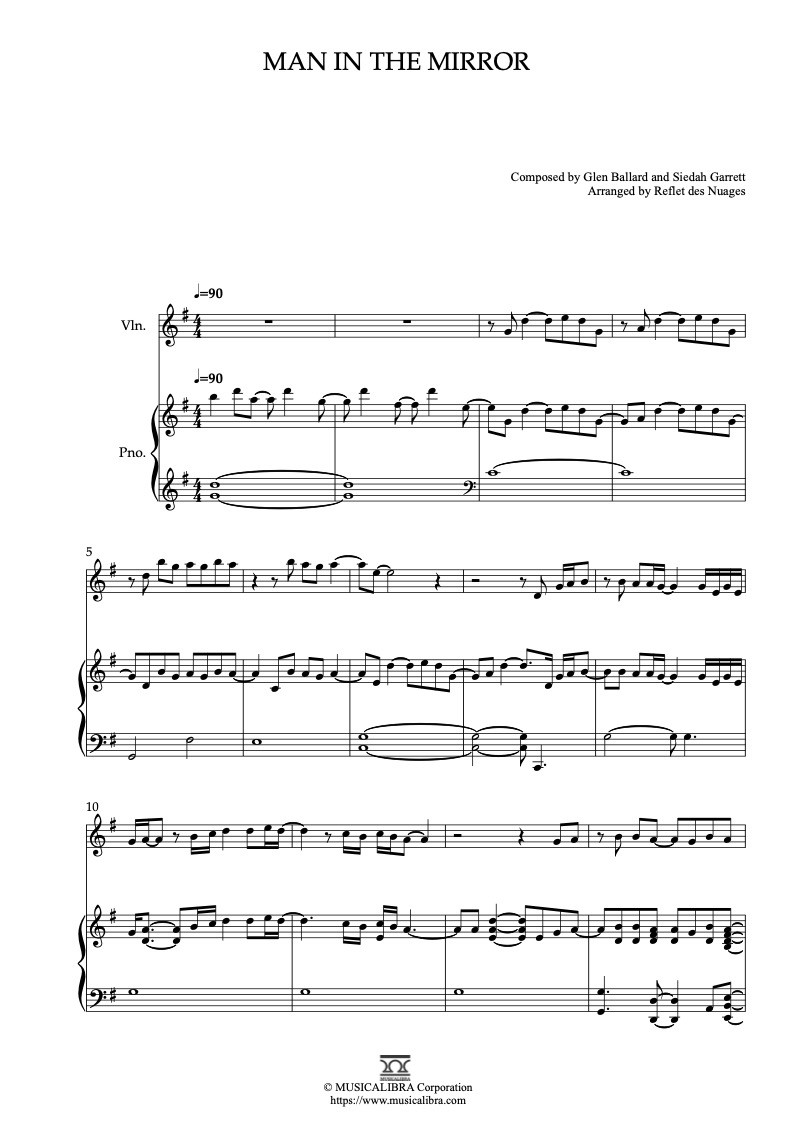 Sheet music of Michael Jackson Man in the Mirror arranged for violin and piano duet preview page 1