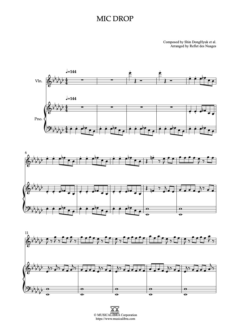 Partitura de BTS Mic Drop arreglada para dueto de violín y piano