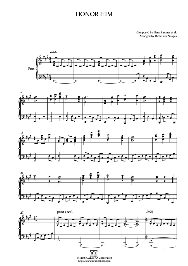 Sheet music of Gladiator Honor Him arranged for piano solo preview page 1