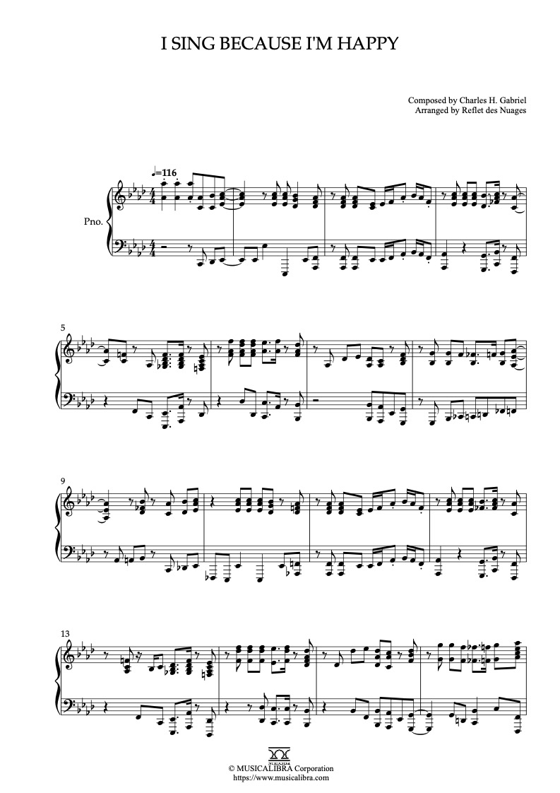 Sheet music of I Sing Because I'm Happy arranged for piano solo preview page 1