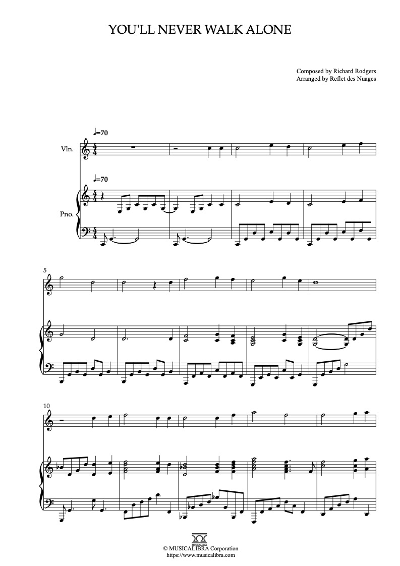 Partitura de Carousel You'll Never Walk Alone arreglada para dueto de violín y piano