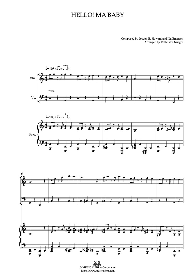 Partitura de Hello! Ma Baby arreglada para trío de violín, violonchelo y piano