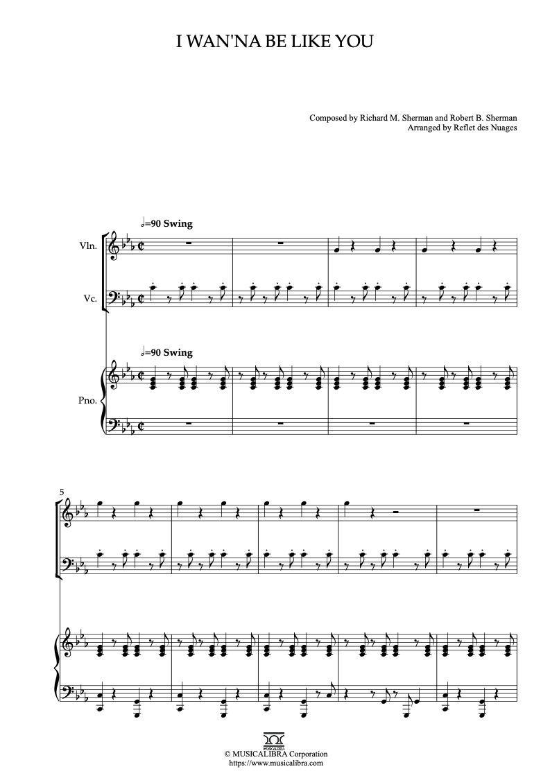 Partitura de The Jungle Book I Wan’na Be Like You arreglada para trío de violín, violonchelo y piano