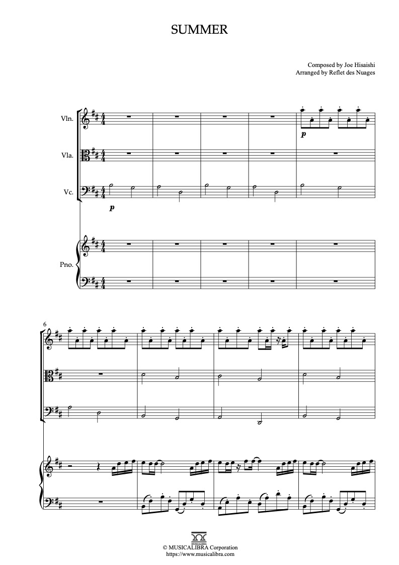 Sheet music of Kikujiro Summer arranged for violin, viola, cello and piano quartet chamber ensemble preview page 1