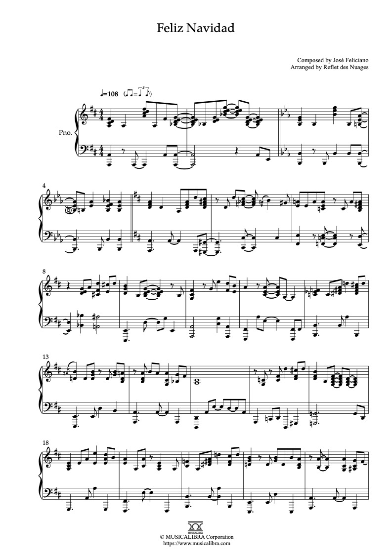 Feliz Navidad 钢琴 独奏 乐谱