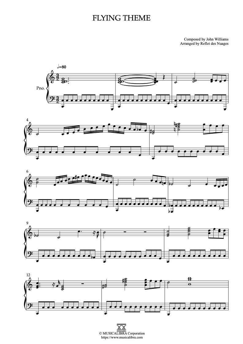 Partitura de E.T. Flying Theme arreglada para piano solo