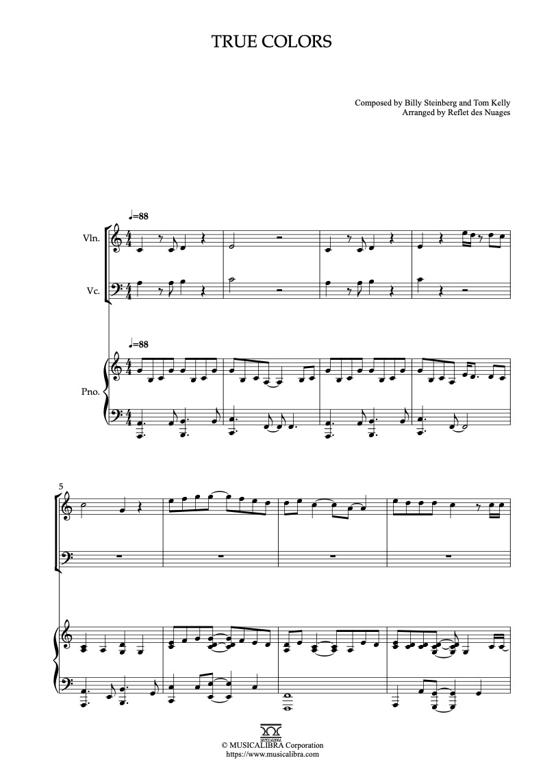 Sheet music of True Colors arranged for violin, cello and piano trio chamber ensemble preview page 1