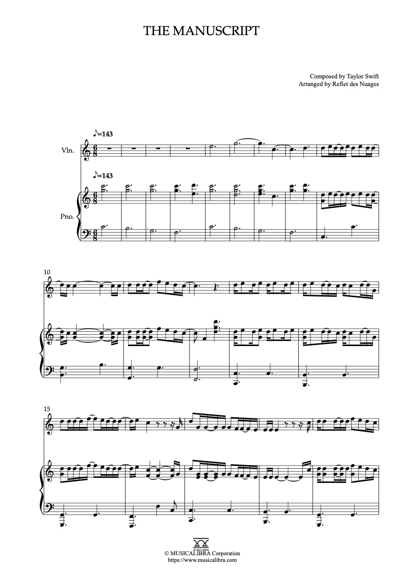 Sheet music of Taylor Swift The Manuscript arranged for violin and piano duet chamber ensemble preview page 1