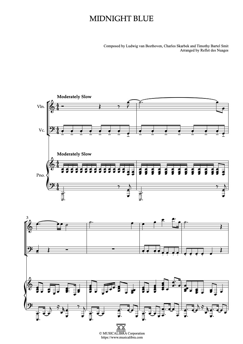 Sheet music of Midnight Blue(Louise Tucker) arranged for violin, cello and piano trio chamber ensemble preview page 1