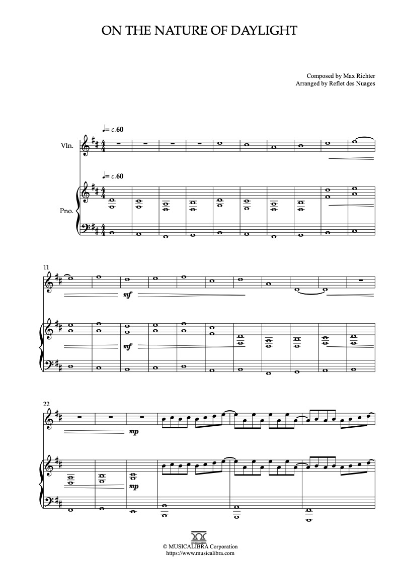 Arrival On the Nature of Daylight 二重奏 乐谱 - 小提琴, 钢琴