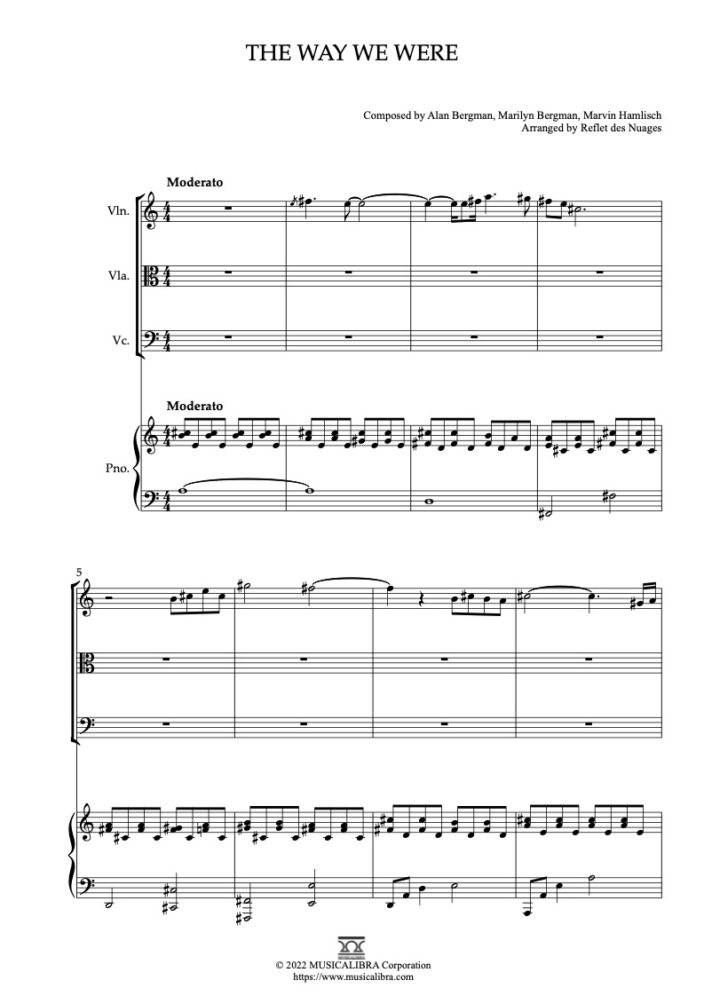 Sheet music of The Way We Were arranged for violin, viola, cello and piano quartet chamber ensemble preview page 1