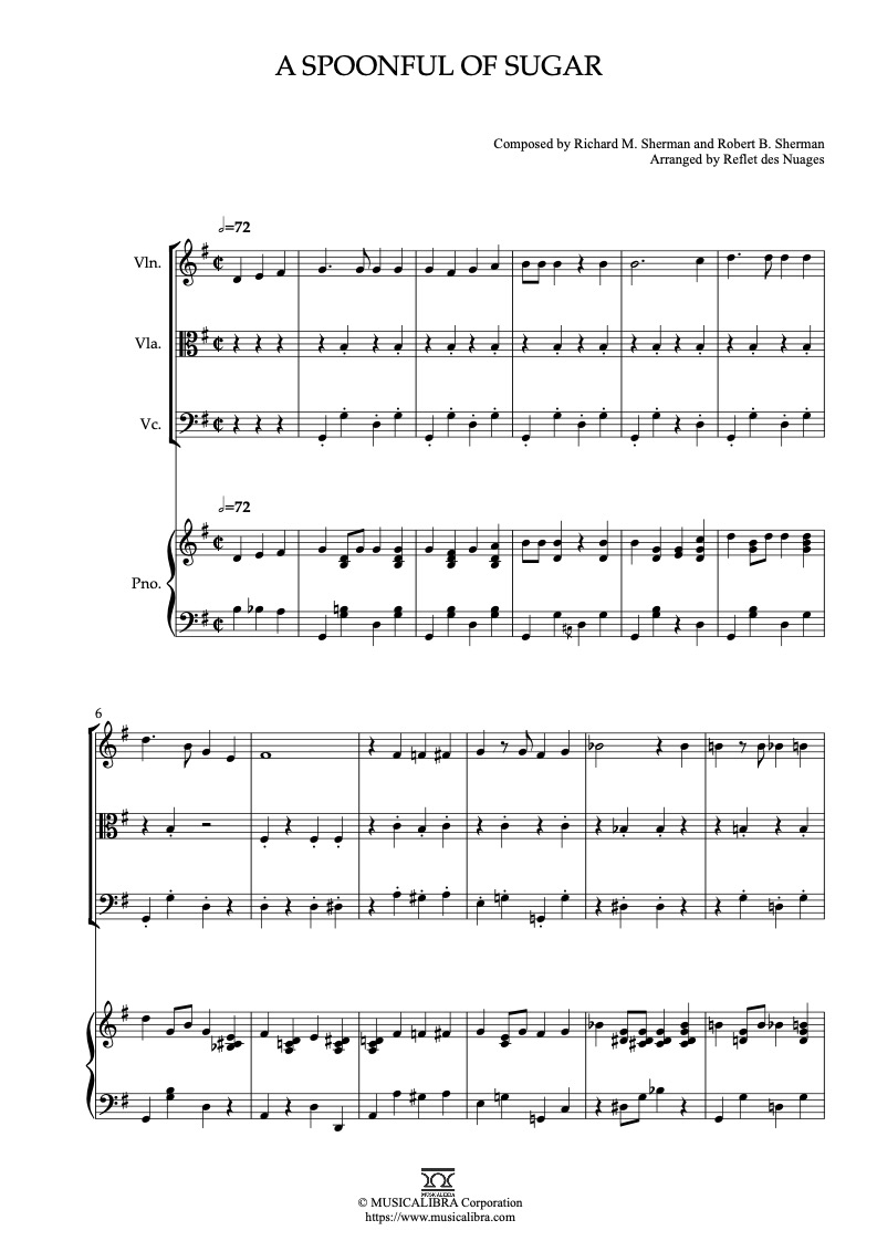 Sheet music of Mary Poppins A Spoonful of Sugar arranged for violin, viola, cello and piano quartet chamber ensemble preview page 1